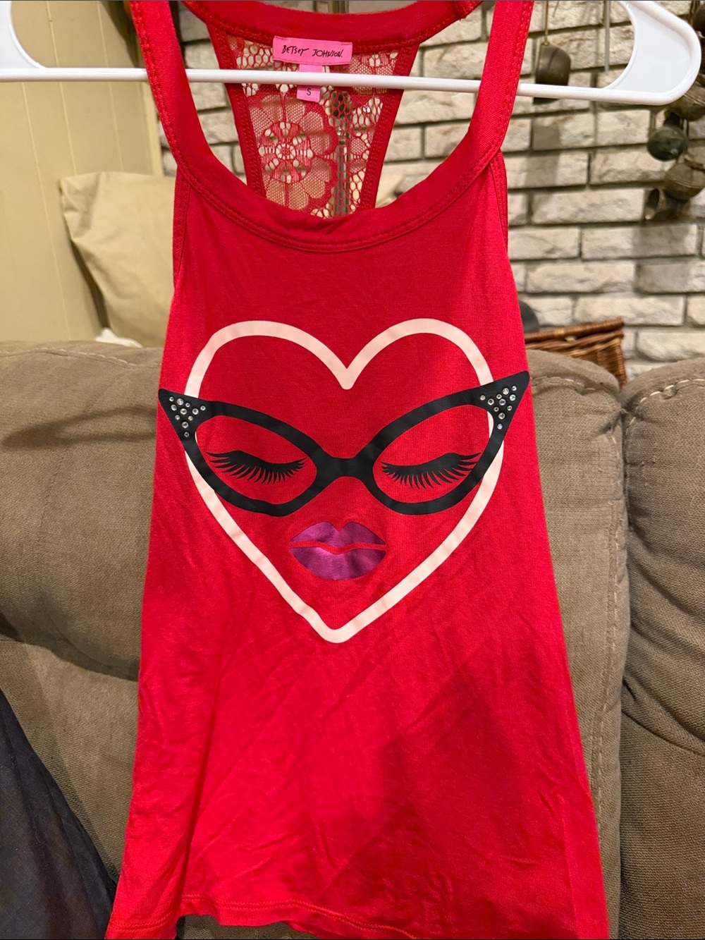 Betsey Johnson Red Graphic Heart Tank with Lace Racerback